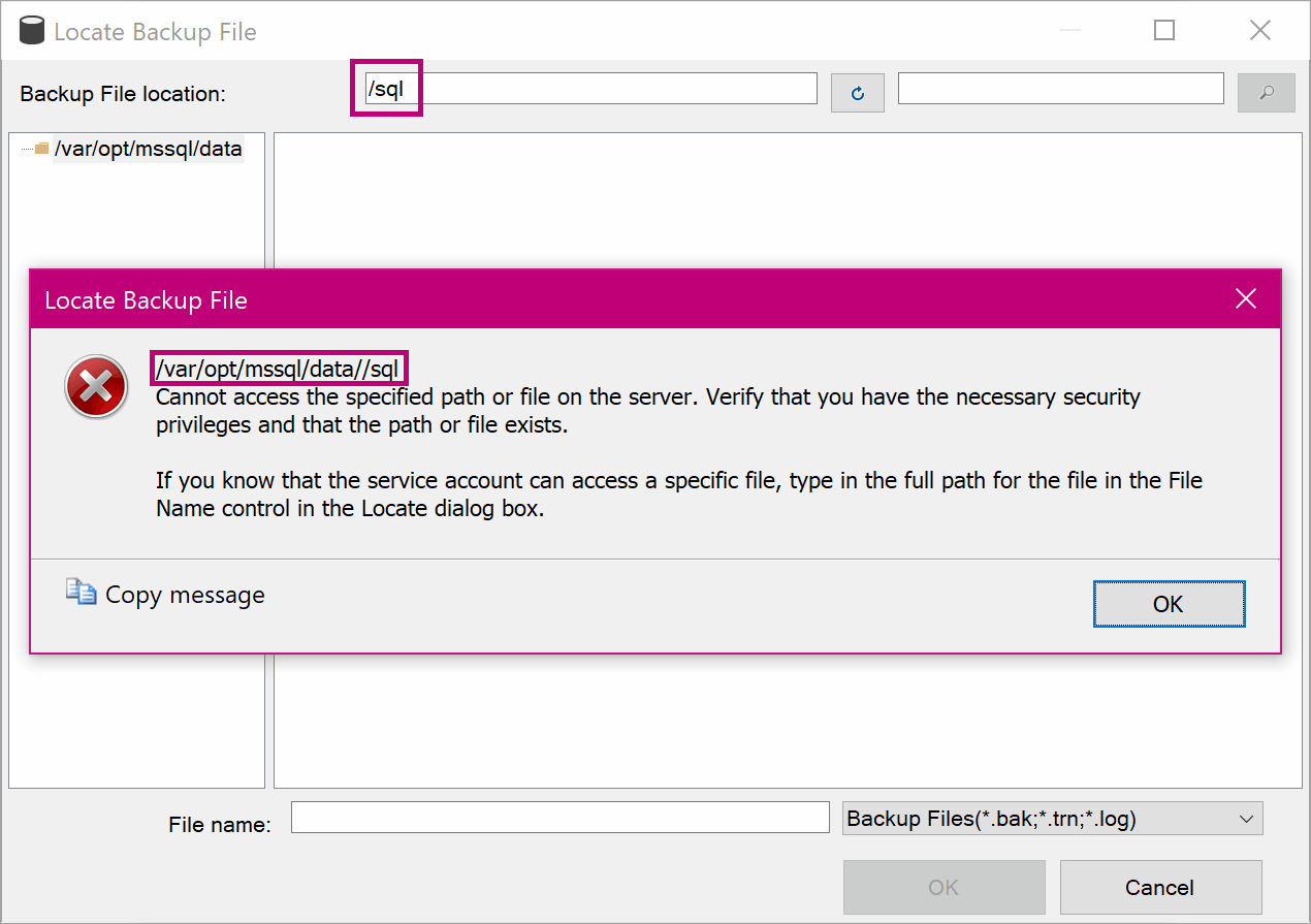 SSMS Restore Database Path: Forward Slash Path Error.