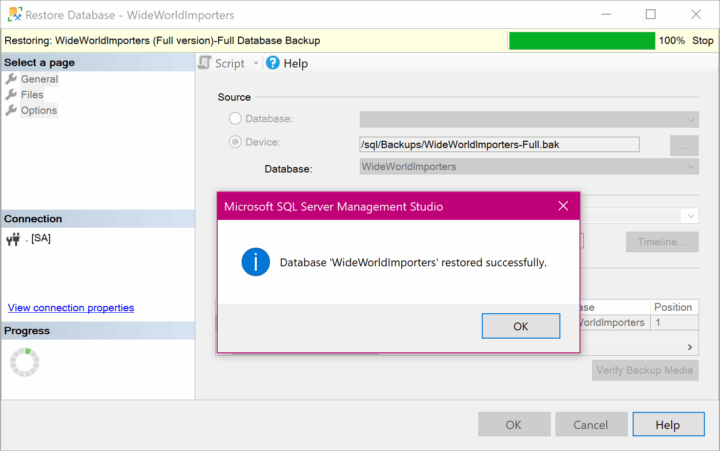 SSMS Restore Database Success.