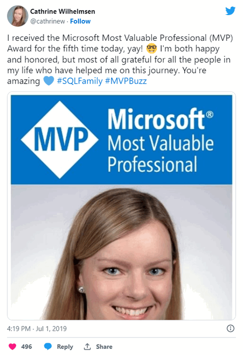 I received the Microsoft Most Valuable Professional (MVP) Award for the fifth time today, yay! 🤓 I’m both happy and honored, but most of all grateful for all the people in my life who have helped me on this journey. You’re amazing 💙 #SQLFamily #MVPBuzz