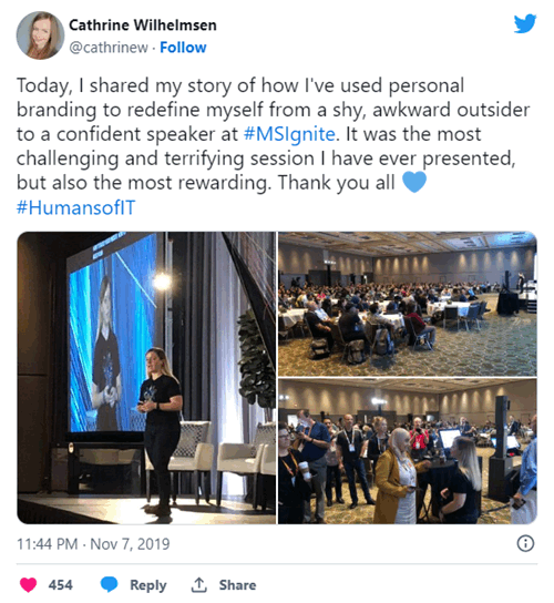 Today, I shared my story of how I’ve used personal branding to redefine myself from a shy, awkward outsider to a confident speaker at #MSIgnite. It was the most challenging and terrifying session I have ever presented, but also the most rewarding. Thank you all 💙 #HumansofIT
