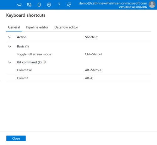 Screenshot of the General keyboard shortcut settings.