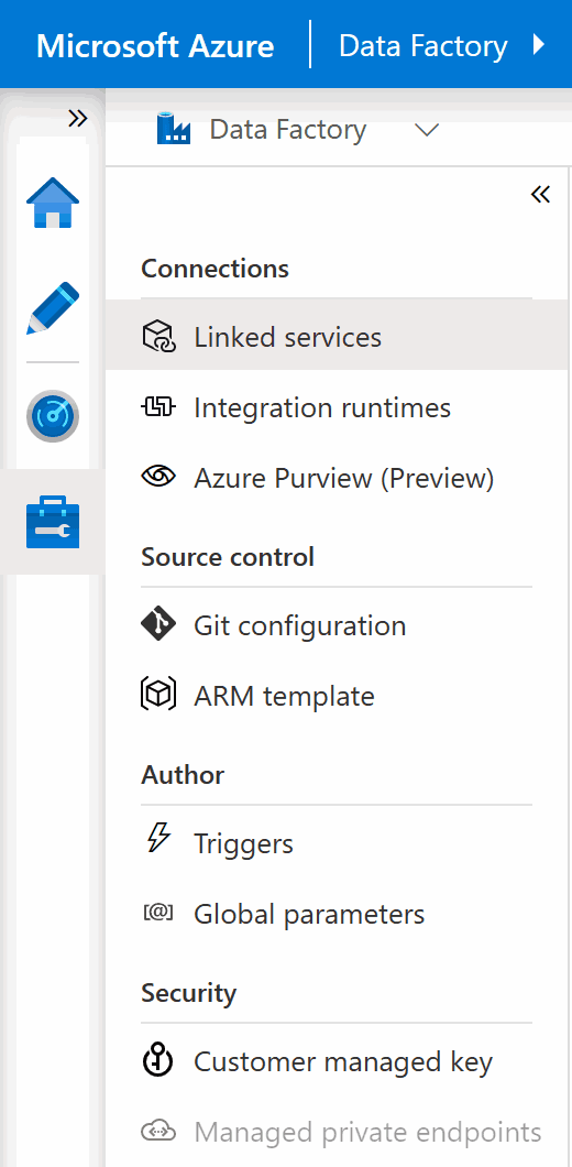 Screenshot of the Management page in Azure Data Factory.