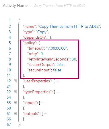 Screenshot of the copy data activity policies.