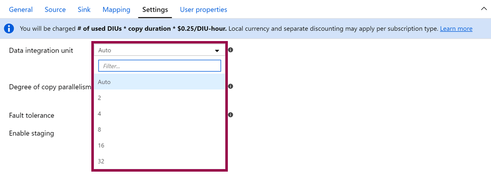 Screenshot of the data integration units setting.