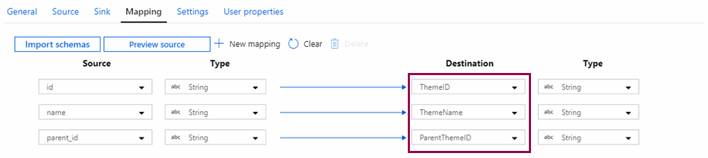 Screenshot of explicit mapping in the copy data activity.