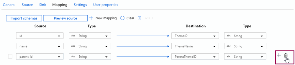 Screenshot of deleting an explicit mapping in the copy data activity.
