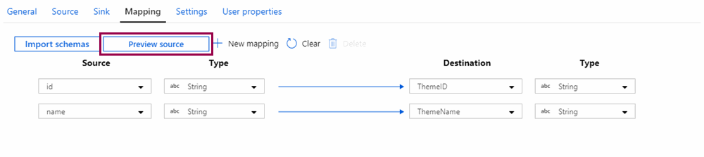 Screenshot of explicit mapping in the copy data activity, highlighting the preview button.