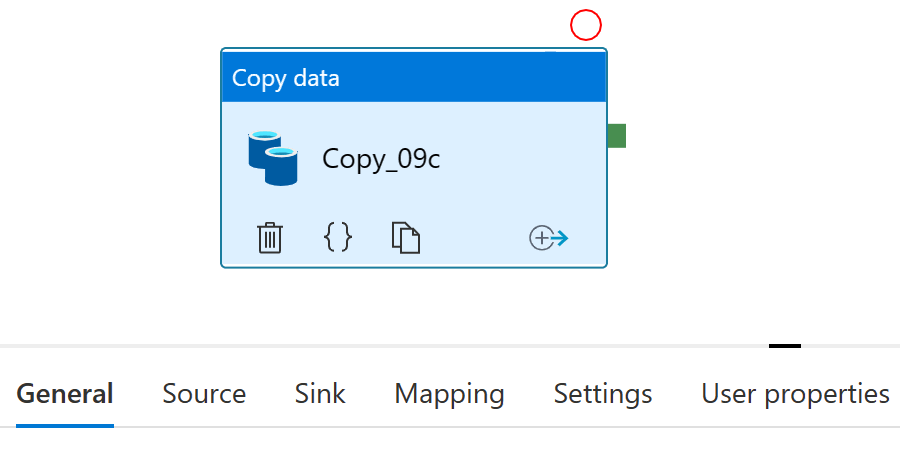 Screenshot of the copy data activity properties pane.