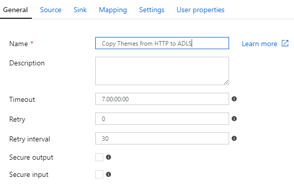 Screenshot of the general properties of the copy data activity.