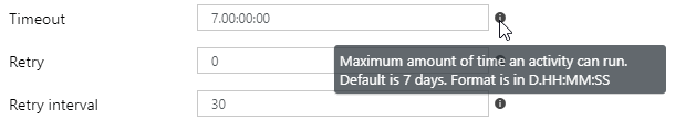 Screenshot of hovering over the timeout policy of the copy data activity, explaining the format of the value.