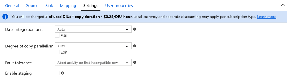 Screenshot of the copy data activity settings,