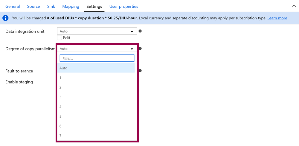Screenshot of the degree of copy parallelism setting.