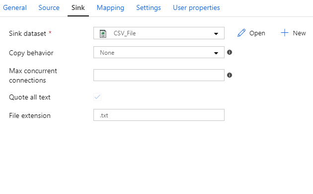 Screenshot of the copy data activity sink properties for a CSV file.