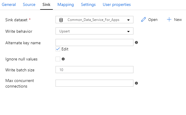 Screenshot of the copy data activity sink properties for a Common Data Service for Apps.