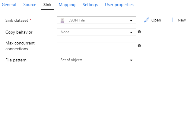 Screenshot of the copy data activity sink properties for a JSON file.