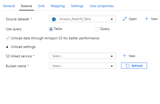 Screenshot of the copy data activity source properties for an Amazon Redshift table.