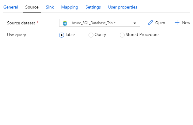 Screenshot of the copy data activity source properties for an Azure SQL Database table.
