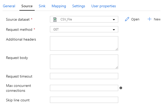 Screenshot of the copy data activity source properties for a CSV file.