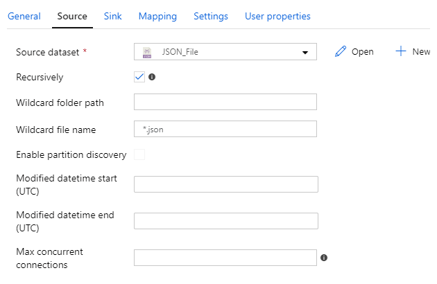 Screenshot of the copy data activity source properties for a JSON file.