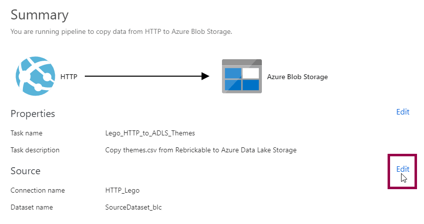 Screenshot of the copy data wizard summary page, highlighting the edit button next to the source dataset properties