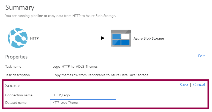 Screenshot of the copy data wizard summary page, highlighting the dataset name textbox in the source dataset properties