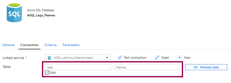Screenshot of an Azure SQL Database dataset, highlighting that you can manually type in the table name