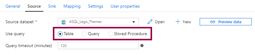 Screenshot of an Azure SQL Database dataset used as a source in the copy data activity, highlighting that you can use the dataset, a query, or a stored procedure