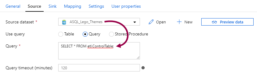 Screenshot of an Azure SQL Database dataset used as a source in the copy data activity, highlighting that the query uses a different table than the table specified in the dataset