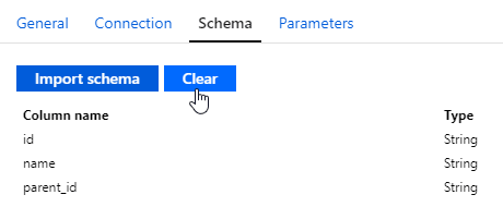 Screenshot of the dataset schema properties, showing how to clear the imported schema