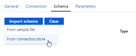 Screenshot of the dataset schema properties, showing how to import schemas from file, connection, or store