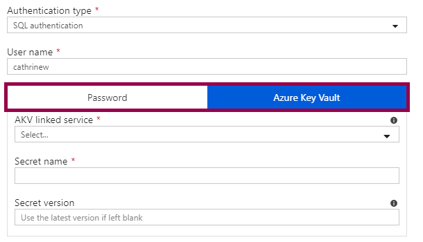 Screenshot of the SQL Authentication properties when referencing a secret in Azure Key Vault