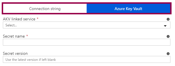 Screenshot of the connection string properties when referencing a secret from Azure key Vault