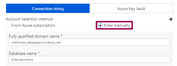 Screenshot of the connection string properties when entering the connection manually