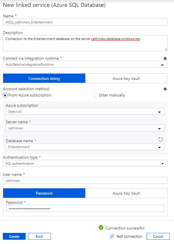 Screenshot of the new linked service pane with all properties for an Azure SQL Database connection specified