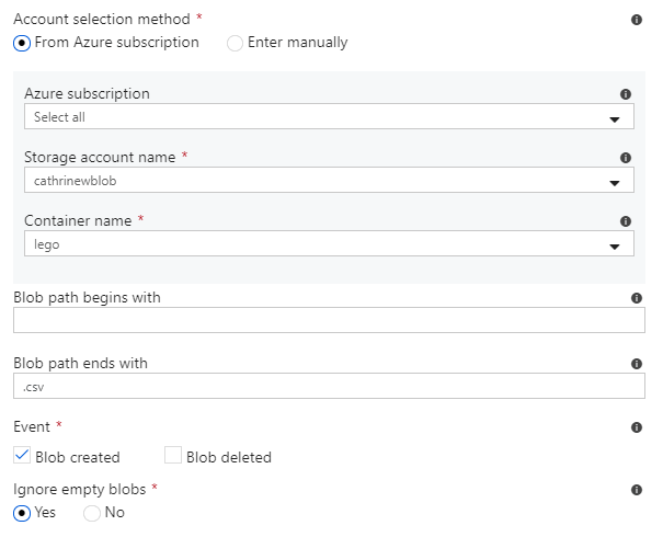 Screenshot of the new trigger pane for event triggers, highlighting the blob path settings
