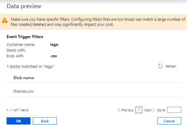 Screenshot of the new trigger pane for event triggers, showing the data preview page