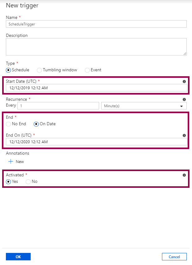 Screenshot of the new trigger pane for a schedule trigger, highlighting the start time, end time, and activated settings