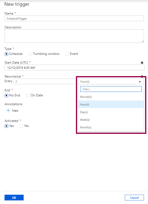 Screenshot of the new trigger pane for a schedule trigger, highlighting the recurrence settings
