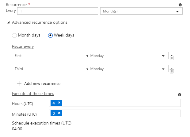 Screenshot of the new trigger pane for a schedule trigger, highlighting the advanced settings for monthly recurrence
