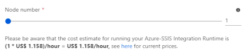 Screenshot of the Azure-SSIS integration runtime setting for node number