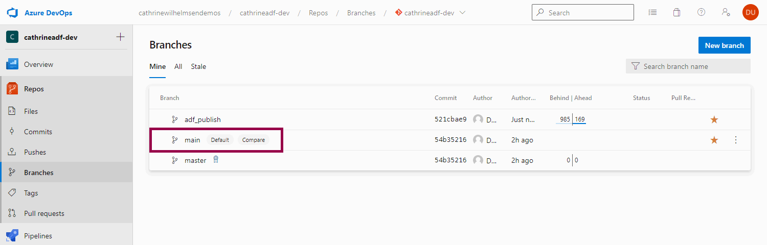 
That’s it! The new “main” branch is now the collaboration branch and has a star icon next to it in the branch dropdown:
Summary
In this post, we looked at how to rename the default branch in GitHub and Azure DevOps, and how to reconnect Azure Data Factory to use the new default branch as the collaboration branch:
- Create a new “main” branch in your Git repository
- Set the new “main” branch as the default branch in your Git repository
- Delete the old “master” branch in your Git repository
- Disconnect from your Git repository in Azure Data Factory
- Reconnect to your Git repository in Azure Data Factory using the new “main” branch as the collaboration branch
That’s it! 🤓
About the Author
Cathrine Wilhelmsen is a Microsoft Data Platform MVP, international speaker, author, blogger, organizer, and chronic volunteer. She loves data and coding, as well as teaching and sharing knowledge - oh, and sci-fi, gaming, coffee and chocolate 🤓
![Screenshot of the Branches page in Azure DevOps with the new “main” branch set as the default branch.