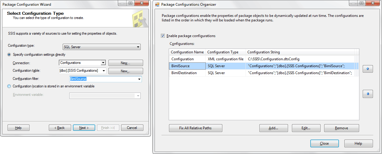 SSIS SQL Server Package Configurations.
