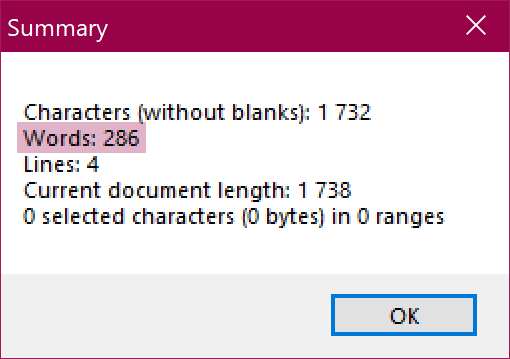 Screenshot of Summary box counting 286 total words.